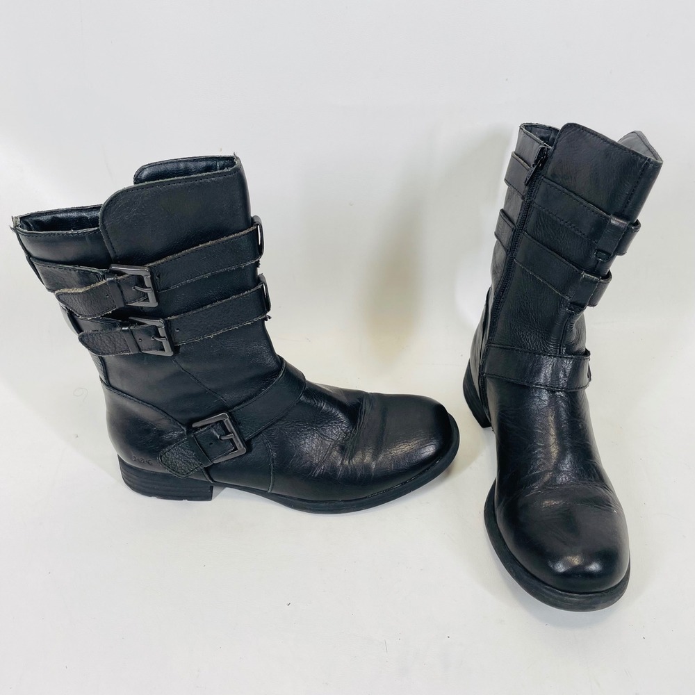 B.O.C. Womens Black Leather Moto Boots Buckle Straps C98803 Size 6.5M